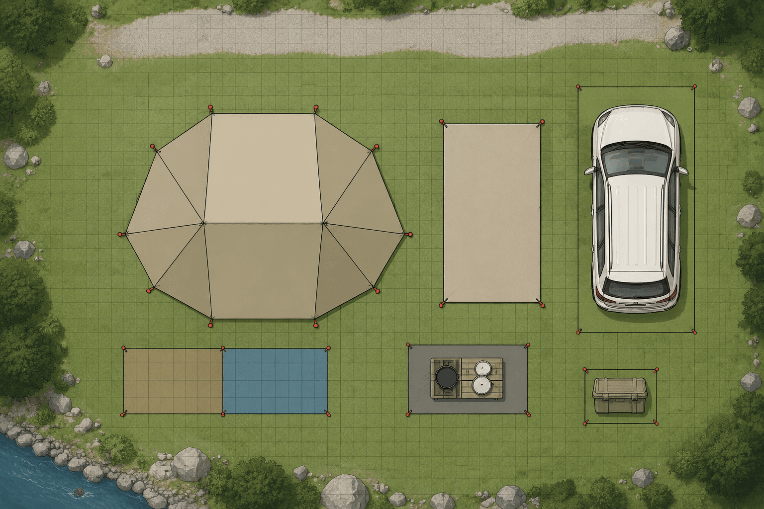 Top-down camping pitch board showing tent, cooking pad, car and zone rectangles on a grid
